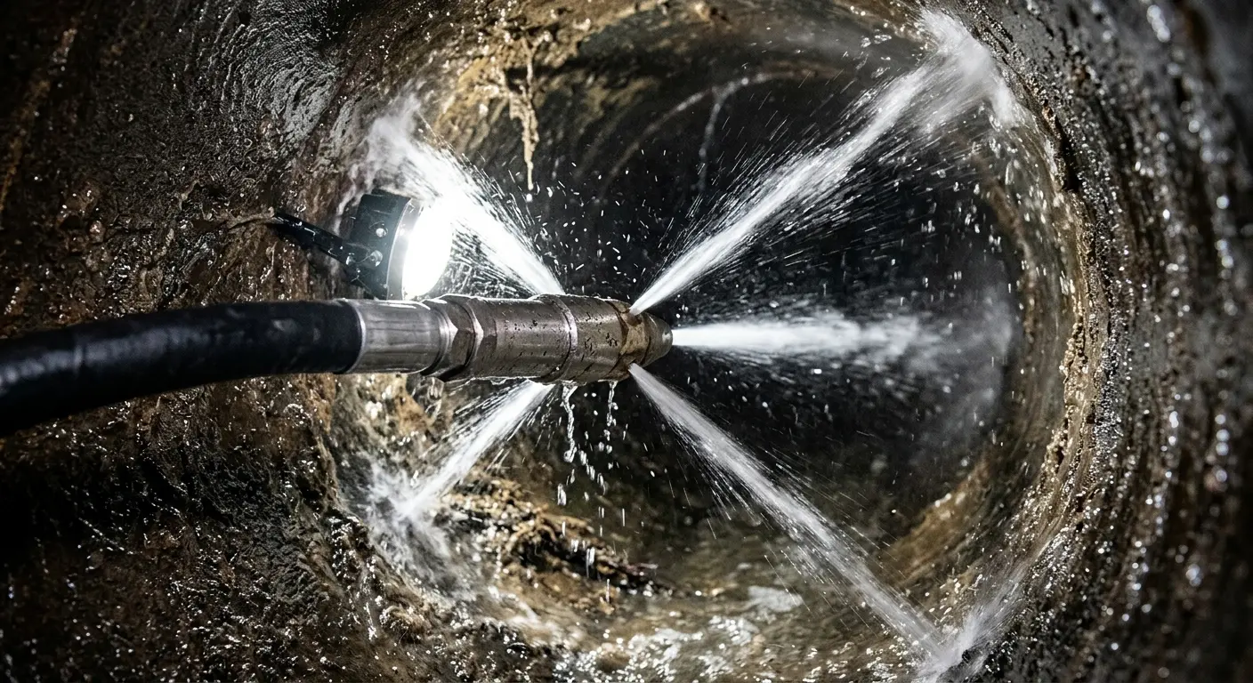 High-pressure hydro jetting nozzle cleaning sewer pipe for Emergency Drain Service in East Rochester